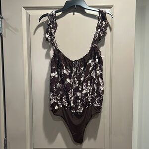 Free People “Take It Away” Floral Ruffle Thong Bodysuit, NWOT